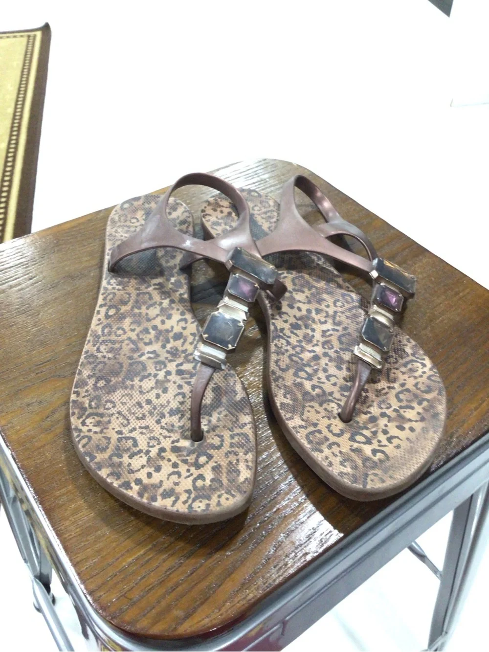Women's Brown T-Strap Sandals with Leopard Footbed